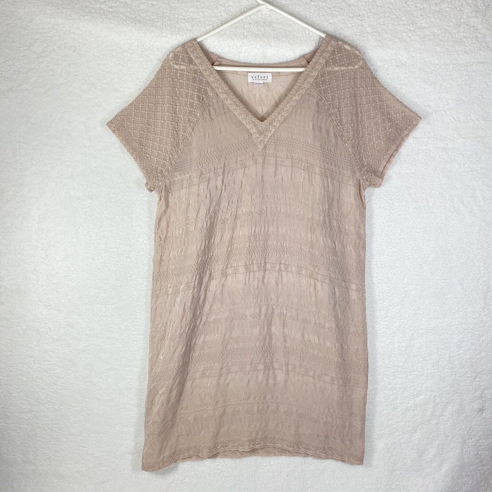 Velvet by Graham & Spencer V-Neck Embroidered Dress L Blush Pink Sheer With Slip